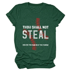 Detail of forest green T-shirt featuring Thou Shall Not Steal baseball text and red stitching