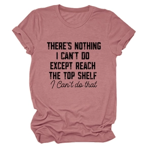 Detail of round neck cotton T-shirt in dusty rose with black printed slogan text