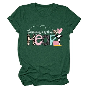 Detail of forest green t-shirt featuring colorful Teaching is a work of HEART print