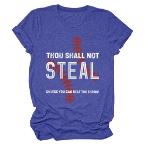 Detail of grey-blue crew neck t-shirt with red baseball stitching and retro text design