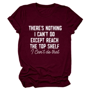 Detail view of burgundy round neck T-shirt with white humor quote on cotton fabric