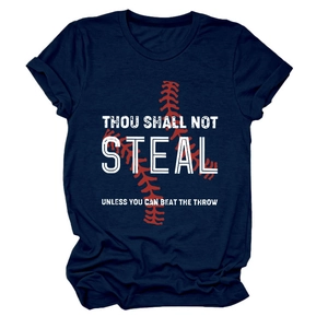 Close-up of Navy Blue Cotton T-shirt with 'Thou Shall Not Steal' and baseball stitch print