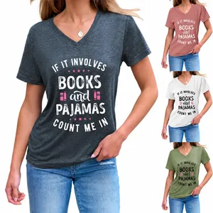 Women V Neck Short Sleeve T-Shirt Cotton Blend Letter Print Books Pajamas Casual Loose Summer Top