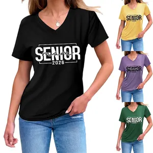 Maglietta Da Donna Con Scollo A V Misto Cotone Maniche Corte Senior Mom 2026 Stampa Lettere Nodo Laterale Top Casual
