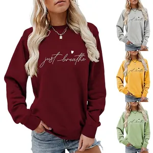 Just Breathe Heart Print Women Sweatshirt Cotton Blend Long Sleeve Crew Neck Casual Pullover Streetwear Top