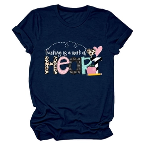 Detailed view of teacher-themed heart graphics and lettering on navy blue cotton T-shirt