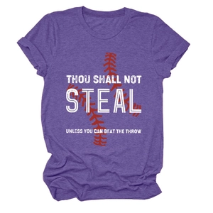 Detail of purple baseball t-shirt featuring Thou Shall Not Steal slogan and red stitching