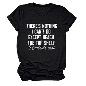 Detail of funny slogan print on black crew neck cotton T-shirt for women
