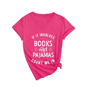 Women's rose red V-neck T-shirt with book quote print and stylish front knot hem detail