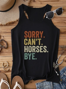 Detailed view of the SORRY CAN'T HORSES BYE slogan print on a black cotton racerback tank top