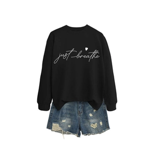 Women's black long sleeve sweatshirt with heart just breathe print and denim shorts