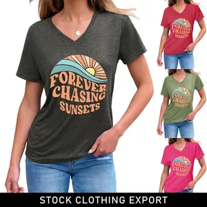 Women V Neck T Shirt Cotton Blend Short Sleeve Forever Chasing Sunsets Retro Graphic Print Summer Casual Loose Top