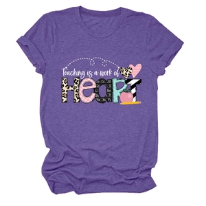 Detail of purple cotton blend T-shirt with Teacher-themed graphic print and soft texture