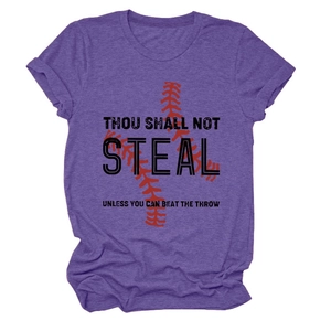 Detail of purple crew neck T-shirt with baseball stitch print and funny text