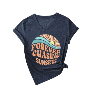 Women's V-neck dark blue T-shirt with vintage forever chasing sunsets wave print