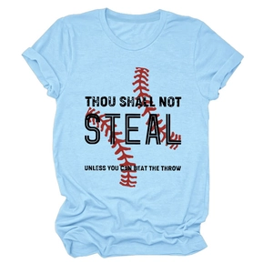 Light blue crew neck t-shirt with baseball-themed Thou Shall Not Steal graphic print