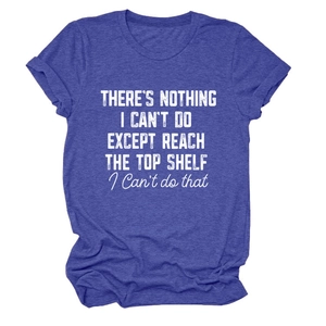 Detail of humorous white text print on a blue-purple heathered crewneck cotton t-shirt