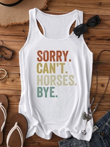 Flat lay of white racerback tank top with Sorry Can't Horses Bye text and summer accessories
