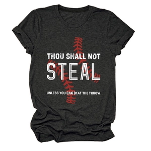 Close-up of charcoal grey t-shirt featuring Thou Shall Not Steal baseball graphic