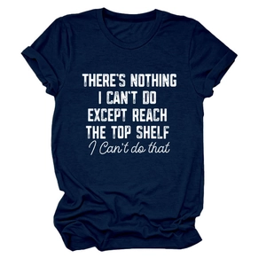Detail of navy blue slogan t-shirt showing the vintage style white printed text and fabric