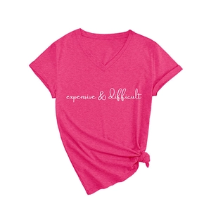 Women's V-neck short sleeve T-shirt in hot pink with knotted hem and slogan print