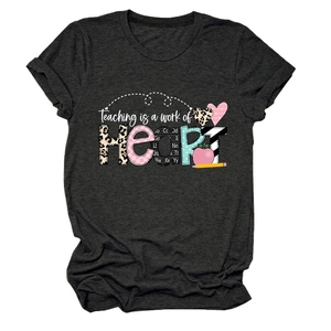 Close-up of Teaching is a work of HEART print on charcoal heather crew neck t-shirt