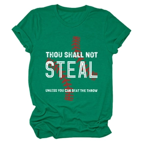 Detail of dark green cotton T-shirt featuring red baseball stitching and humorous quote