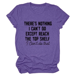 Detail of round neck T-shirt featuring purple heather fabric and black printed slogan text