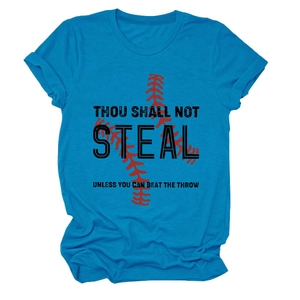 Detail of light blue t-shirt featuring Thou Shall Not Steal slogan and baseball stitching