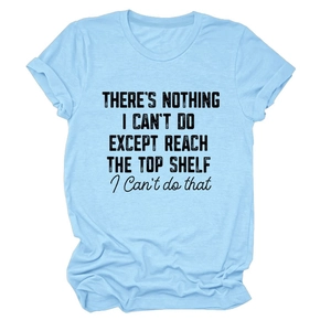 Detail of light blue crew neck T-shirt featuring high-quality black slogan printing