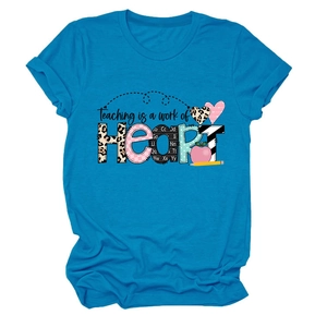 Detail of Teaching is a Work of Heart print on peacock blue crewneck cotton T-shirt
