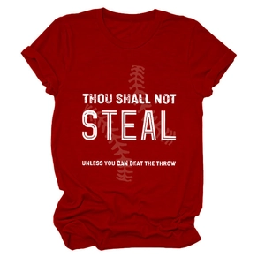 Detail of burgundy cotton T-shirt featuring Thou Shall Not Steal slogan and baseball stitching