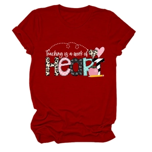 Detail of red crew neck T-shirt with 'Teaching is a work of HEART' graphic and school icons