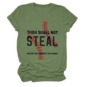 Detailed flat lay of olive green heather t-shirt with baseball graphic and crew neck