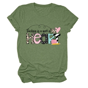 Detail view of olive green Teaching is a work of HEART graphic tee with education icons