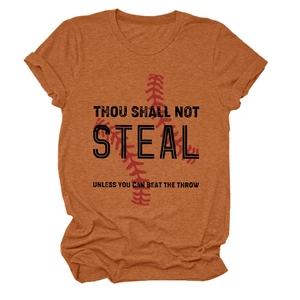 Detail of rust red round neck T-shirt with baseball stitch print and humor text