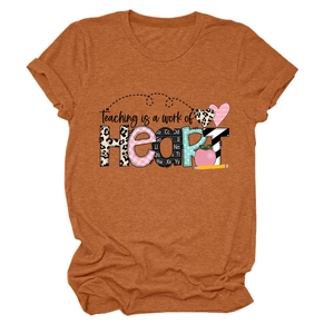 Detail of Teaching is a Work of Heart print on caramel cotton round neck T-shirt