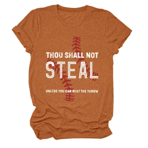 Detail of orange-brown crew neck tee with 'Thou Shall Not Steal' baseball print