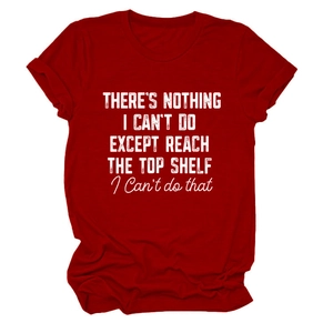 Dark red cotton T-shirt with white humor quote print and casual crew neck design