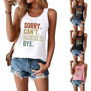 Women Racerback Tank Top Cotton Blend Letter Print Sleeveless Round Neck Casual Summer Equine Theme Vest