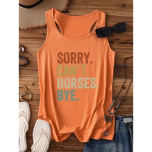 Orange racerback tank top featuring 'Sorry Can't Horses Bye' slogan on wood background