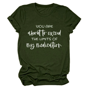 Detailed shot of the 'EXCEED THE LIMITS' text on this dark green crew neck cotton t-shirt