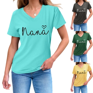 Detail view of Nana heart print on V-neck short sleeve T-shirts in various colors