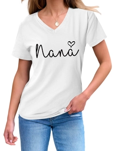 Detail of white V-neck T-shirt with black Nana script and heart print on chest