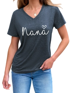 Close-up of Nana heart print on dark grey V-neck cotton blend short sleeve t-shirt