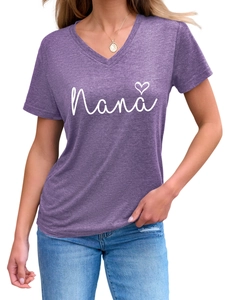 Detail of Nana heart print on purple V-neck short sleeve T-shirt with soft fabric texture