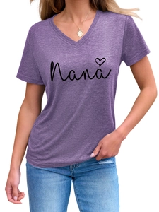Detail of purple V-neck T-shirt with black Nana text and heart print on soft fabric