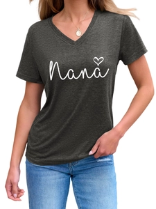 Detail view of charcoal grey V-neck T-shirt featuring Nana script and heart print