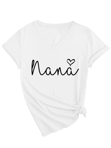 Detailed view of white V-neck T-shirt featuring Nana heart print and side-knot hem design