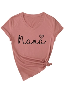 Detail of Nana heart print on V-neck short sleeve T-shirt in dusty rose with rolled cuffs